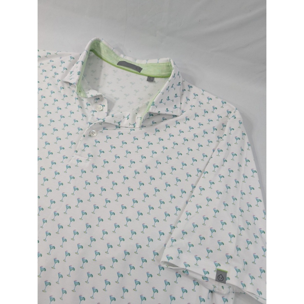 Tasc Cloud Polo Shirt Mens Large Happy Hour All Over Print Geometric Drinks Golf